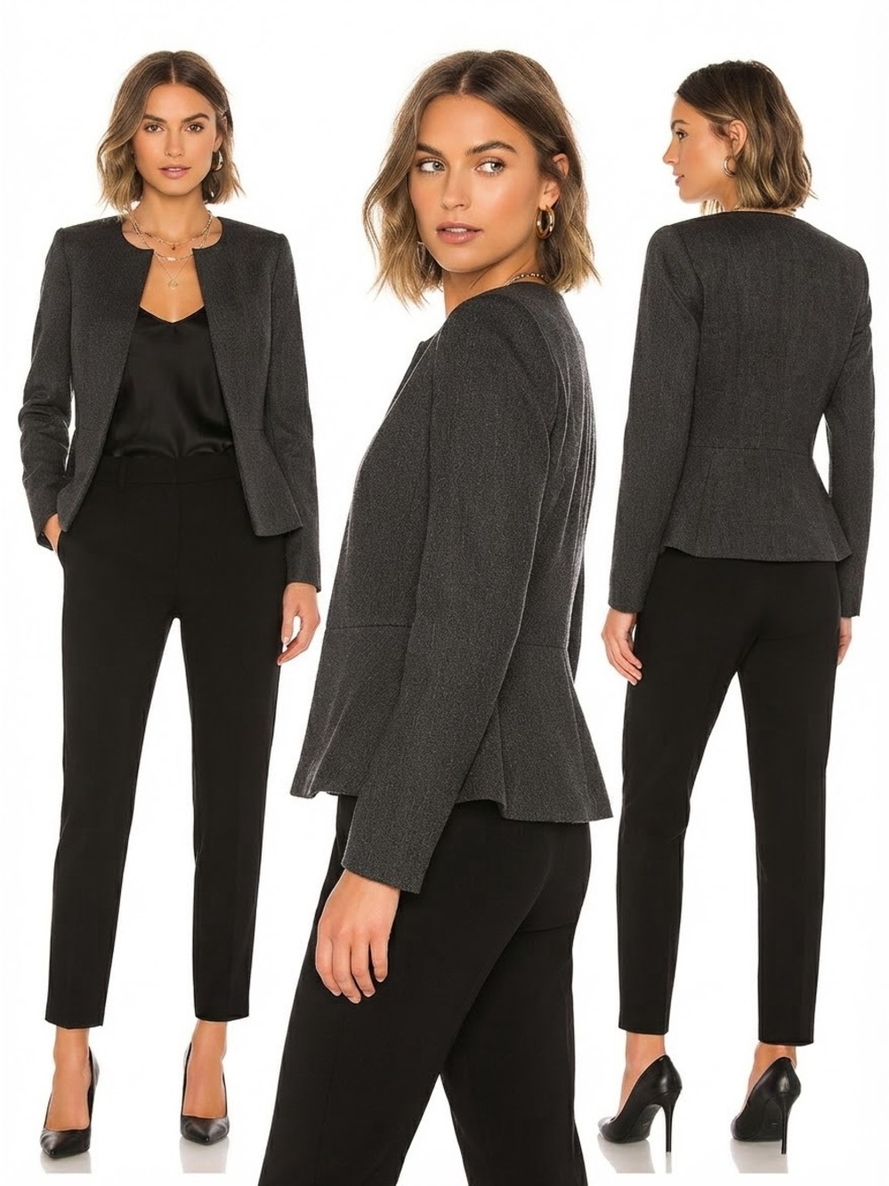 Theory Wool Zip Front Charcoal Fitted Peplum Blazer